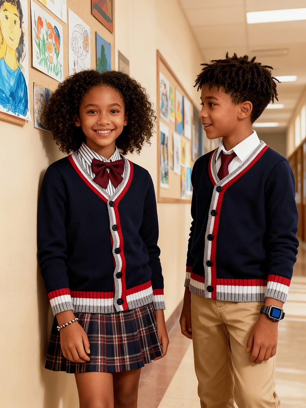 SW013-R 100% Cotton Kids V-Neck Long sleeve Button Cardigan, Boys and Girls School Uniform Knitwear, R, Size 110