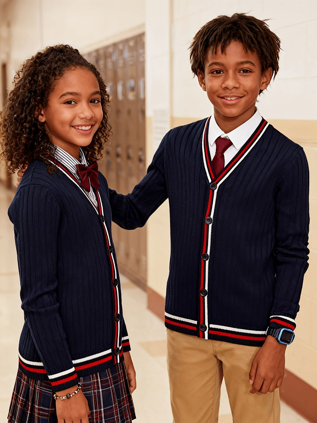 SW016-R 100% Cotton Kids V-Neck Long sleeve Button Cardigan, Boys and Girls School Uniform Knitwear, R, Size 110
