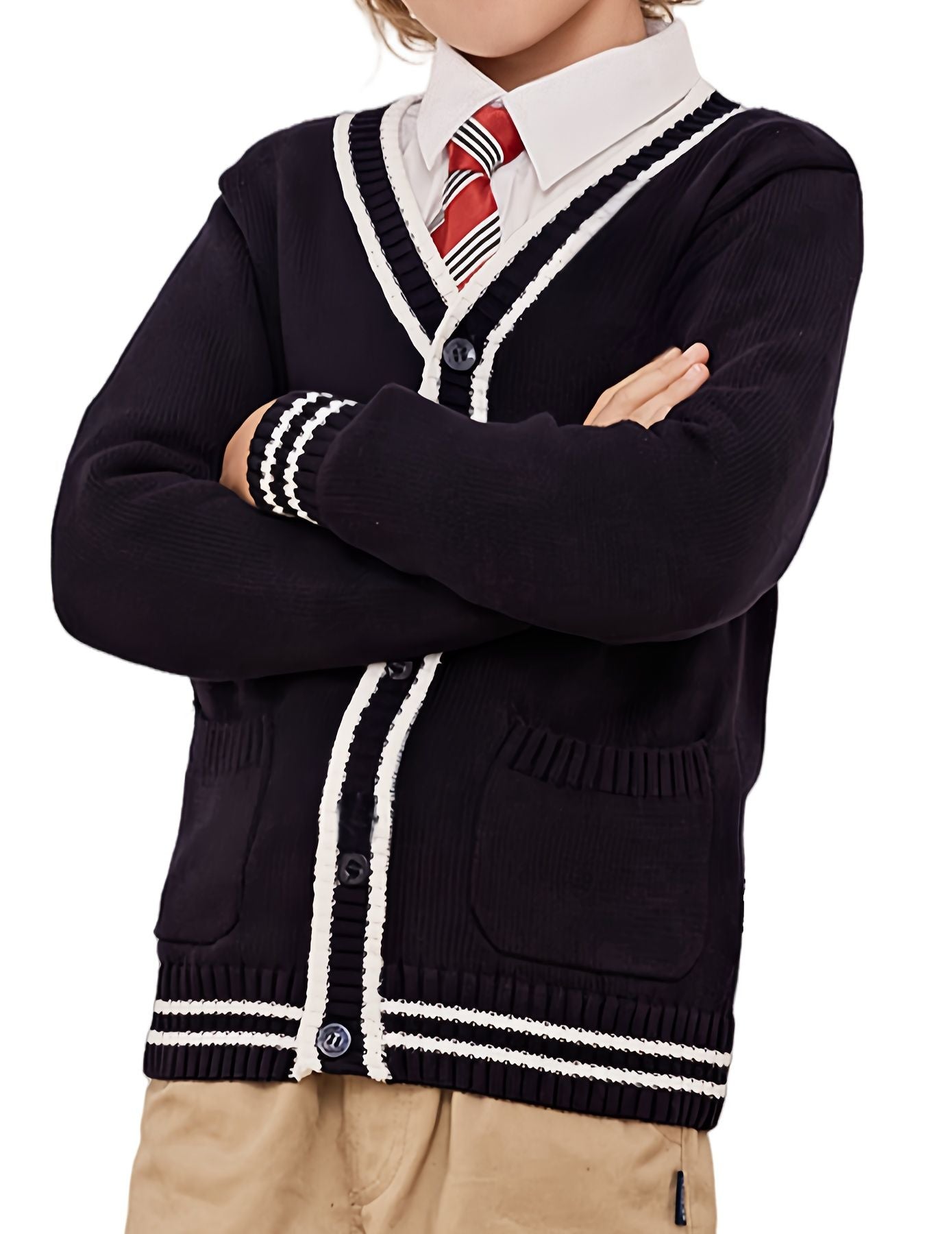 SW019 100% Cotton Kids V-Neck Long sleeve Button Cardigan, Boys and Girls School Uniform Knitwear, Navy Blue, Size 120