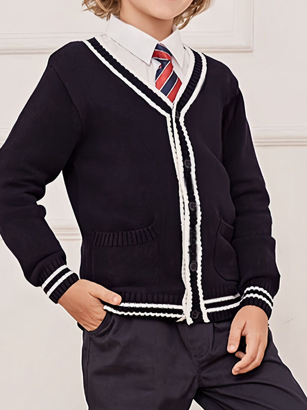 SW019 100% Cotton Kids V-Neck Long sleeve Button Cardigan, Boys and Girls School Uniform Knitwear, Navy Blue, Size 120