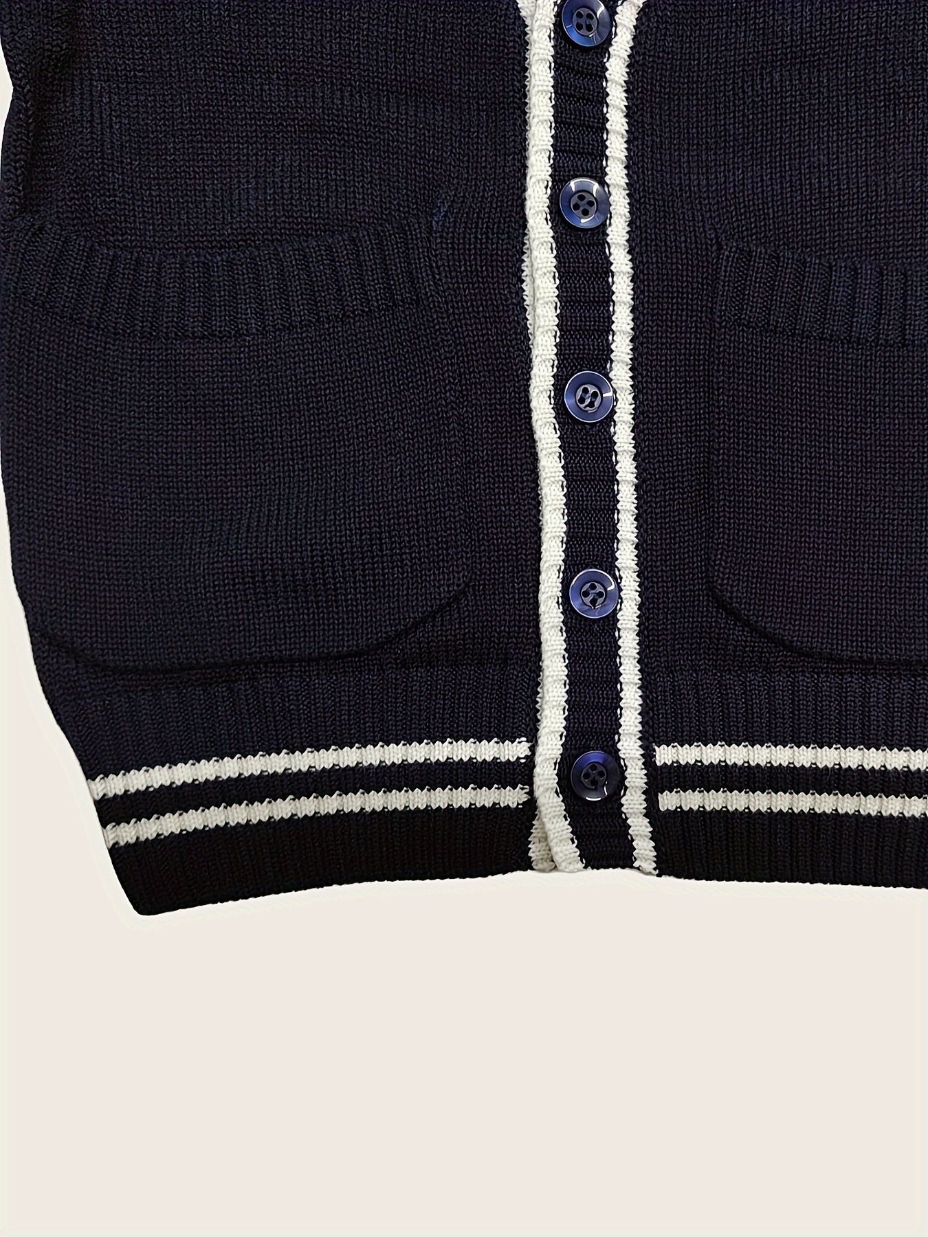 SW019 100% Cotton Kids V-Neck Long sleeve Button Cardigan, Boys and Girls School Uniform Knitwear, Navy Blue, Size 120