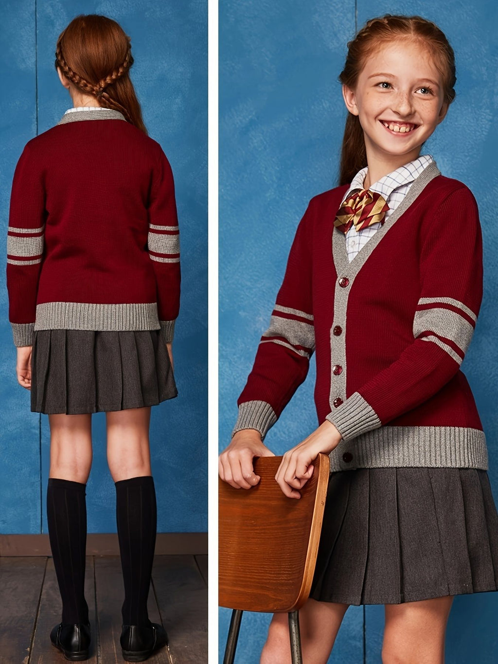 SW020 100% Cotton Kids V-Neck Long sleeve Button Cardigan, Boys and Girls School Uniform Knitwear, Scarlet, Size 110