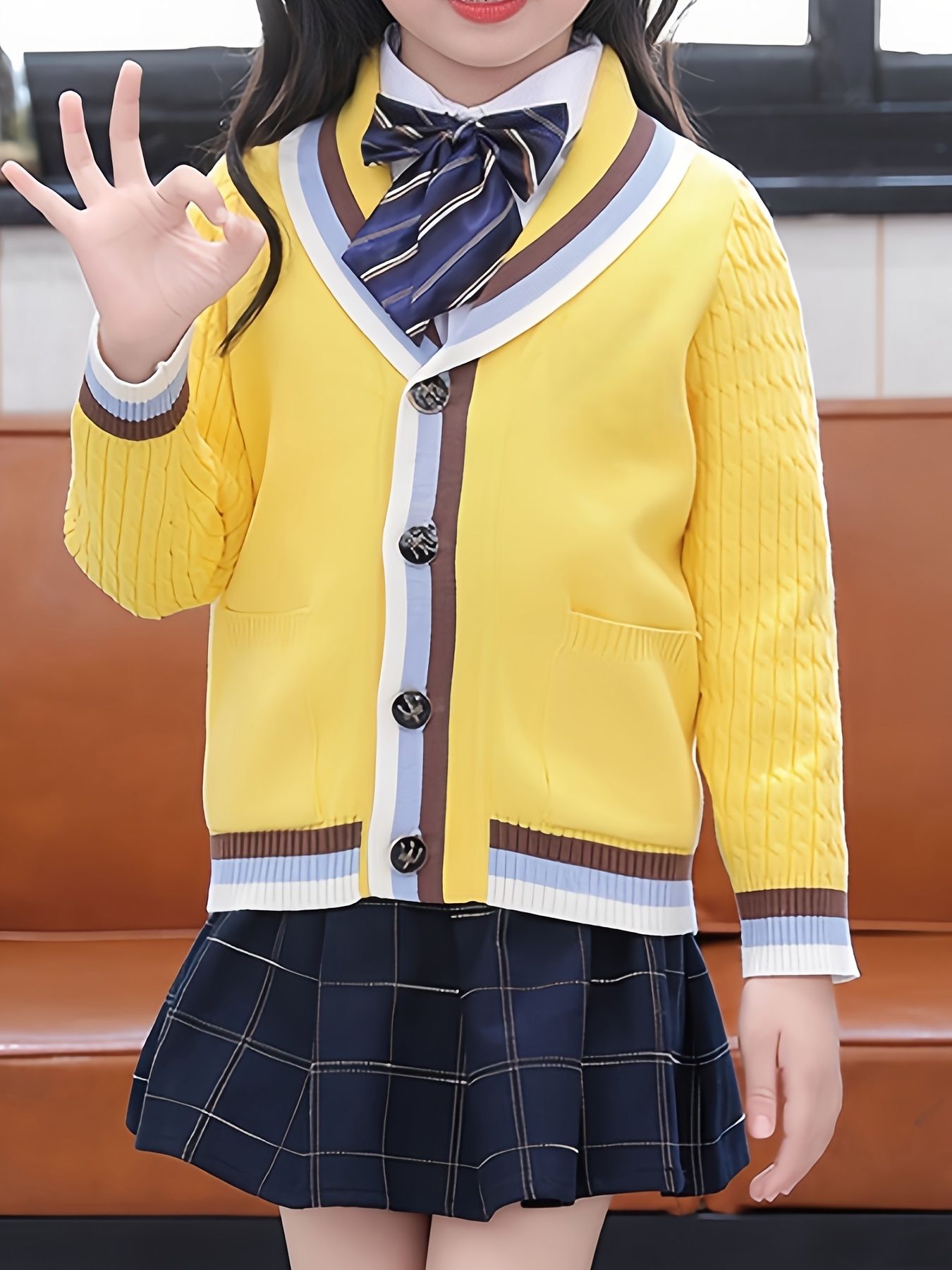 SW025 Cotton Rich Kids V-Neck Long sleeve Button Cardigan, Boys and Girls School Uniform Knitwear, Yellow, Size 110