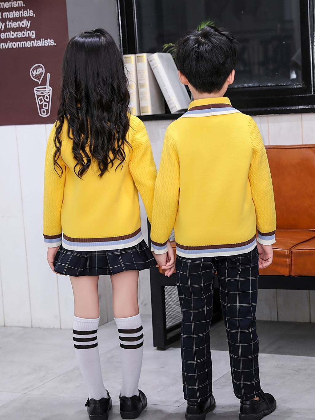 SW025 Cotton Rich Kids V-Neck Long sleeve Button Cardigan, Boys and Girls School Uniform Knitwear, Yellow, Size 110