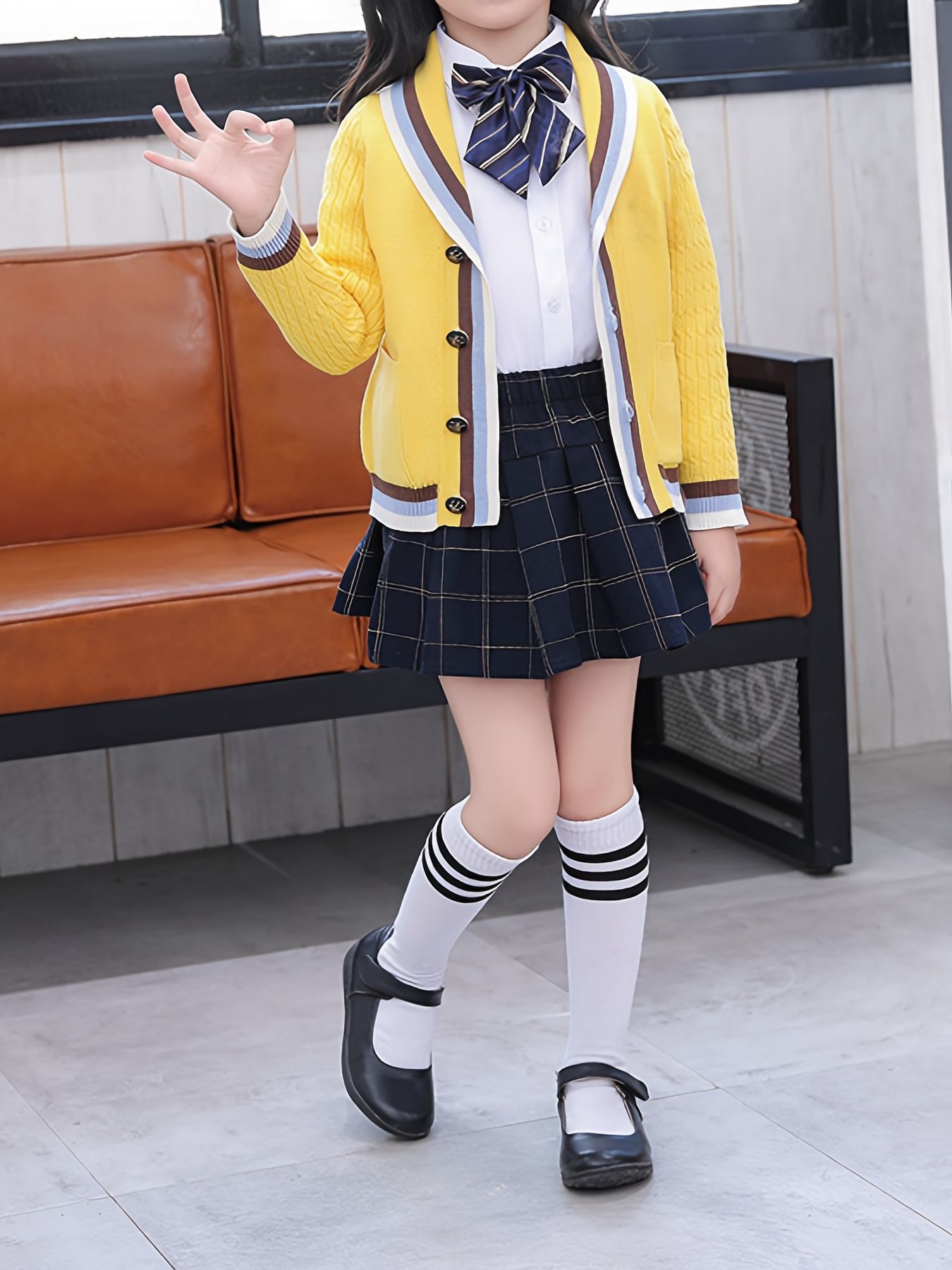 SW025 Cotton Rich Kids V-Neck Long sleeve Button Cardigan, Boys and Girls School Uniform Knitwear, Yellow, Size 110