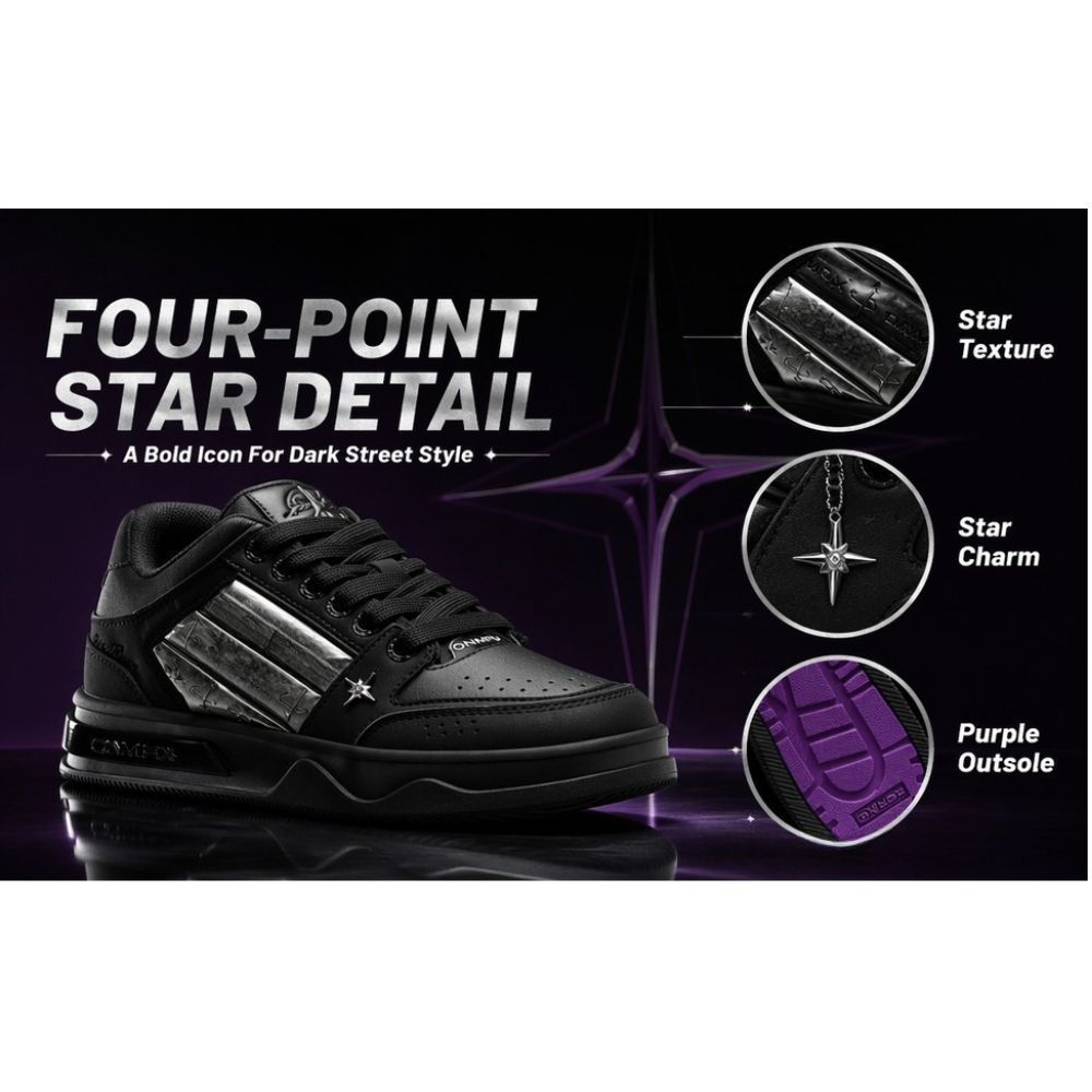 Black Metal Star Skate Shoes for Men Women, Black Purple Contrast Sole Platform Sneakers, Vintage Streetwear Mid Top Casual Walking Shoes AU Men Size 6