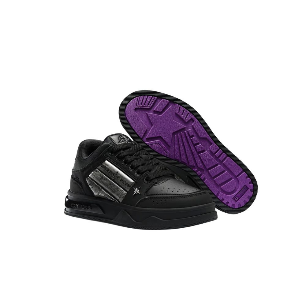 Black Metal Star Skate Shoes for Men Women, Black Purple Contrast Sole Platform Sneakers, Vintage Streetwear Mid Top Casual Walking Shoes AU Women Size 7