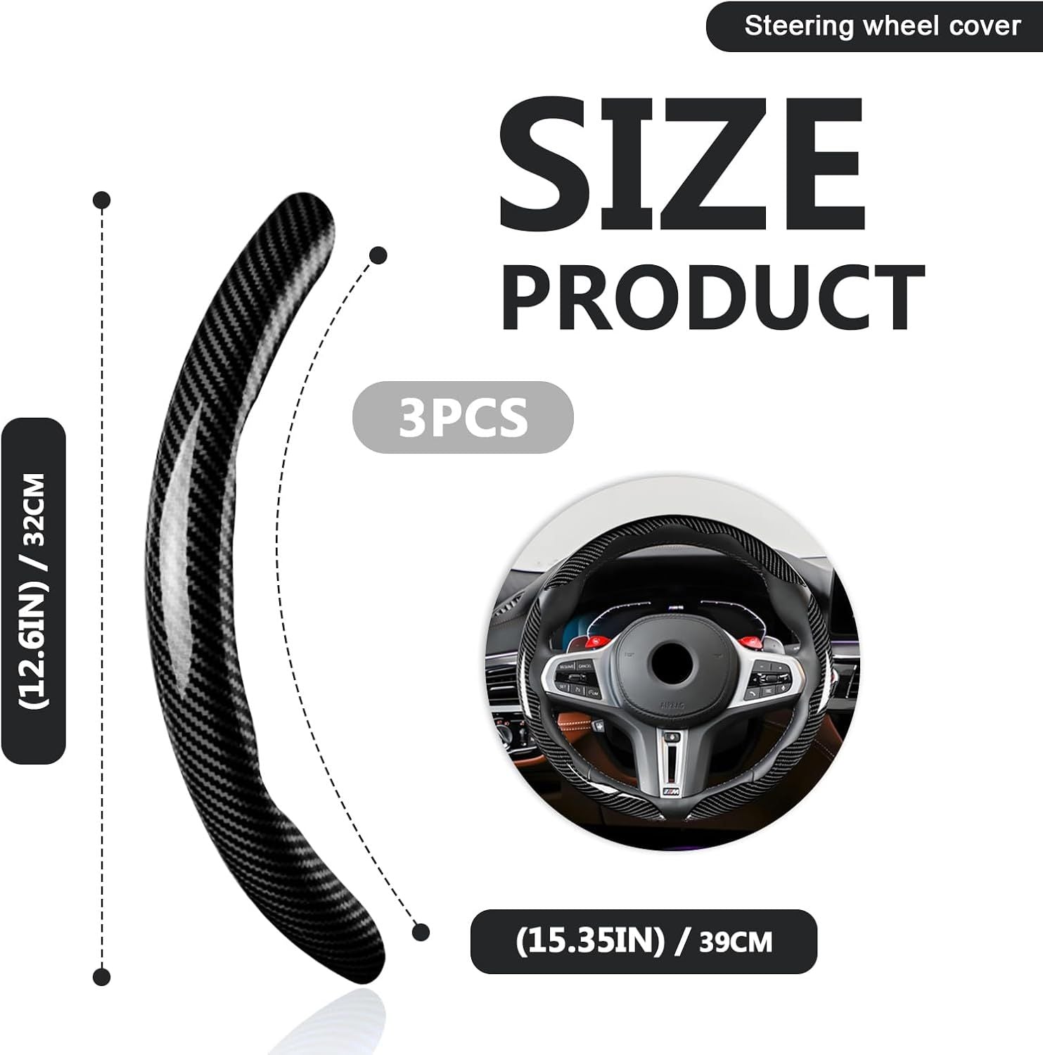 3pcs Universal Carbon Fiber Steering Wheel Cover - Anti-Slip & Segmented Design, Universal 99% Durable Steering Wheel Protector for Men and Women, Car Interior Accessory (Black)