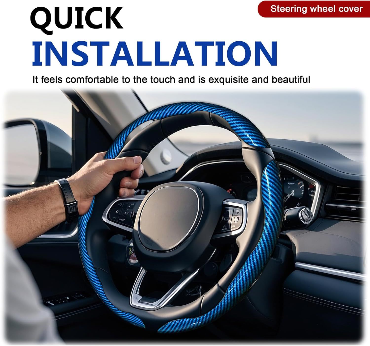 3pcs Universal Carbon Fiber Steering Wheel Cover - Anti-Slip & Segmented Design, Universal 99% Durable Steering Wheel Protector for Men and Women, Car Interior Accessory (Blue)