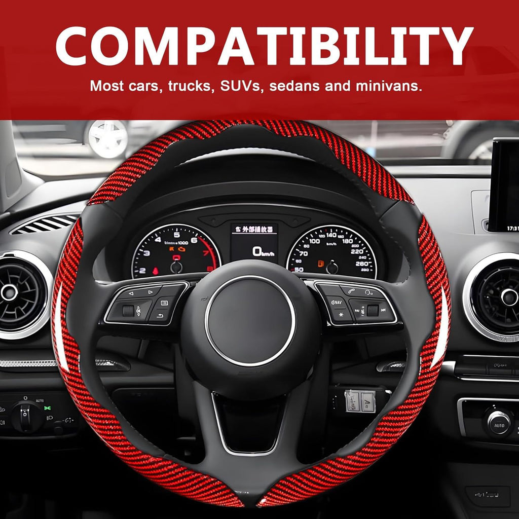 3pcs Universal Carbon Fiber Steering Wheel Cover - Anti-Slip & Segmented Design, Universal 99% Durable Steering Wheel Protector for Men and Women, Car Interior Accessory (Red)
