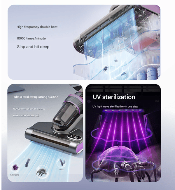 Wireless UV-C Dust Mite Vacuum Cleaner with Hot Air & Pulse Vibration Pad, Handheld Bed Cleaner with LED Digital Display for Mattress, Sofa, Pillow, Fabric Couch