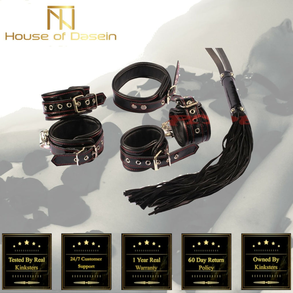 House Of Dasein Real Leather Bondage Kit Cuffs Restraints Collar Flogger Bdsm