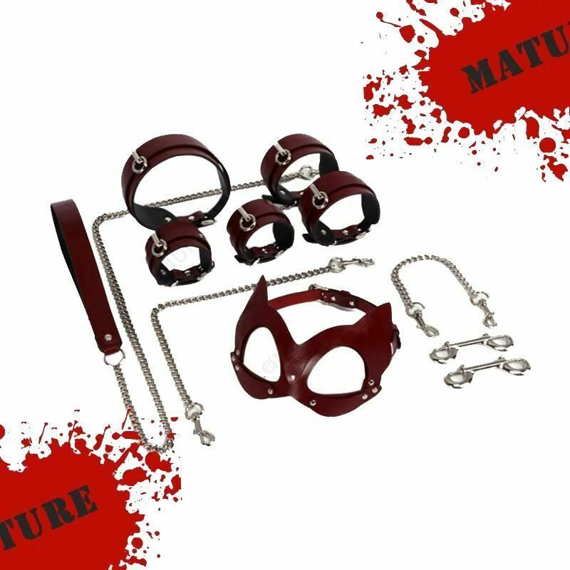 House Of Dasein Genuine Leather Bondage Bdsm Luxury Restraints Kit Kitten Mask Leash - Silver
