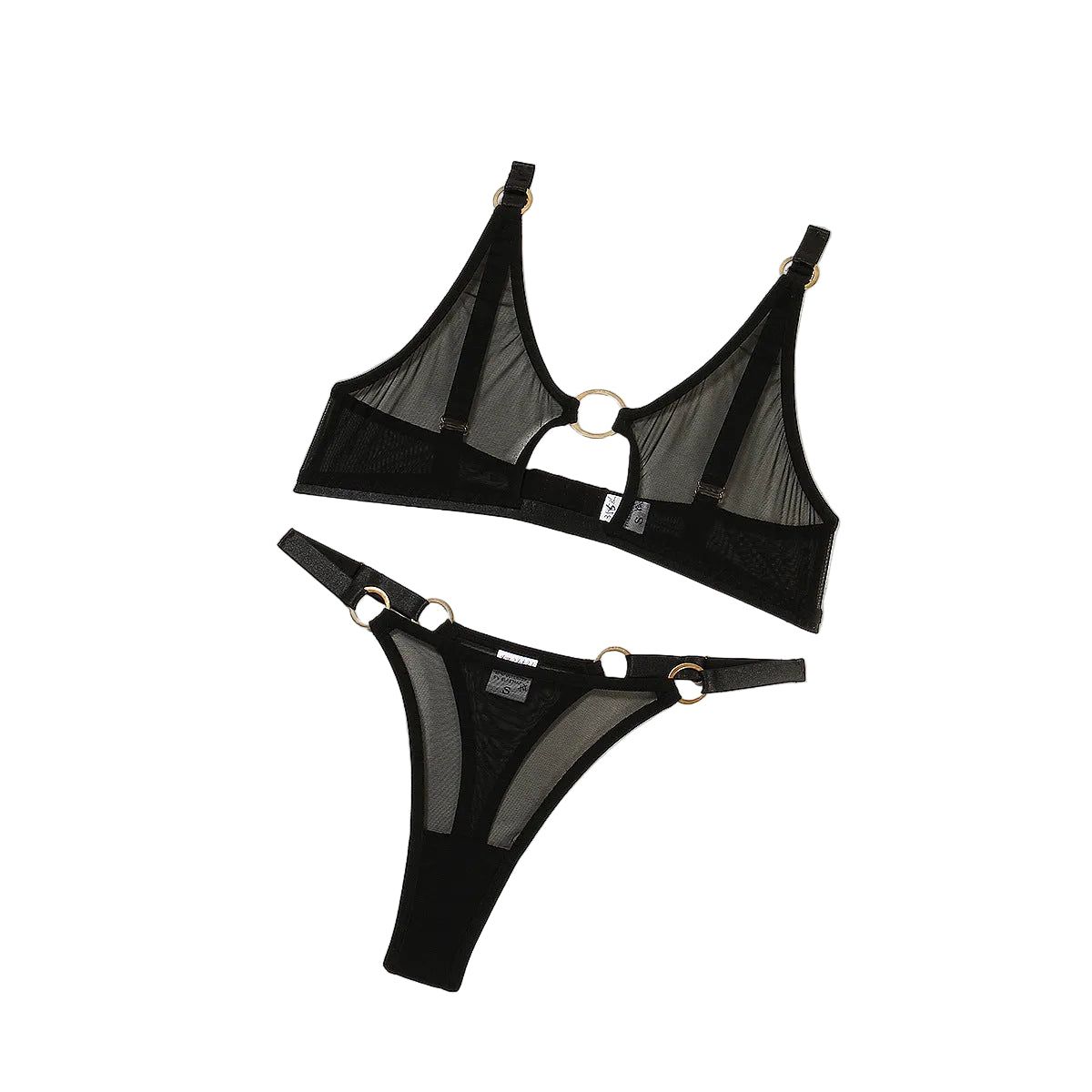 Minimally Designed Underwire Bra Set With Sexy Perspective Mesh And Erotic Lingerie Two Piece - Black - S