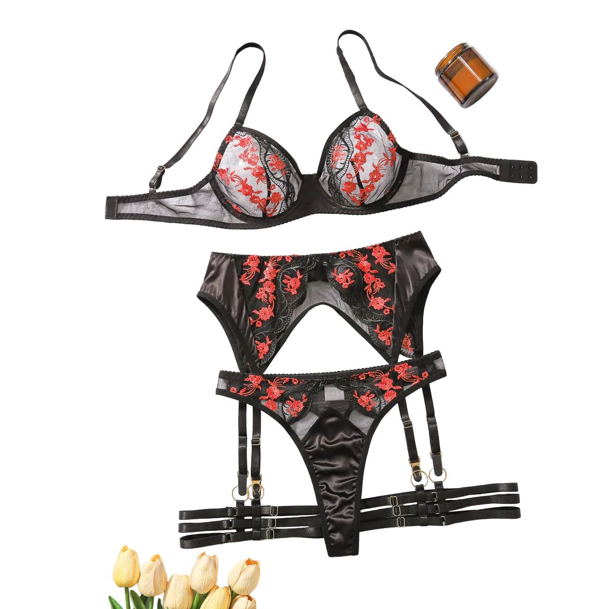 House Of Dasein Mesh Embroidery Splicing Underwear Garter Belt Sexy Four Piece Set - Black And Red - S