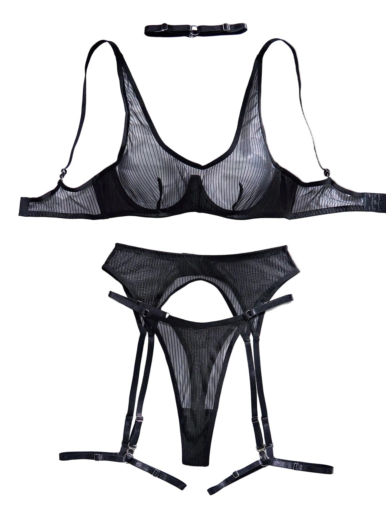 House Of Dasein Vertical Pattern Perspective Mesh Sexy Underwear Garter Belt Leg Ring Set - Small