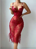 House Of Dasein Lace Hollow Out Red Sexy Chest Exposing Bodycon Lingerie Dress - Wine Red - S