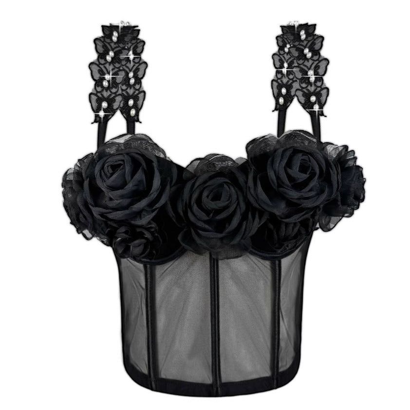 House Of Dasein French Style Charm Strapless Top Women's Outerwear Vintage 3D Pearl Flower Boned Bustier Blouse - Black - 36B/80