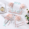 House Of Dasein Feather Sexy Lingerie Lace Chain Bra Set European & American Transparent Mesh Suit - Peach - S