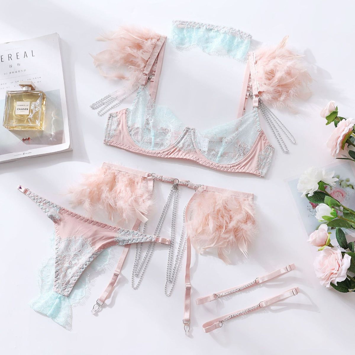 House Of Dasein Feather Sexy Lingerie Lace Chain Bra Set European & American Transparent Mesh Suit - Peach - S