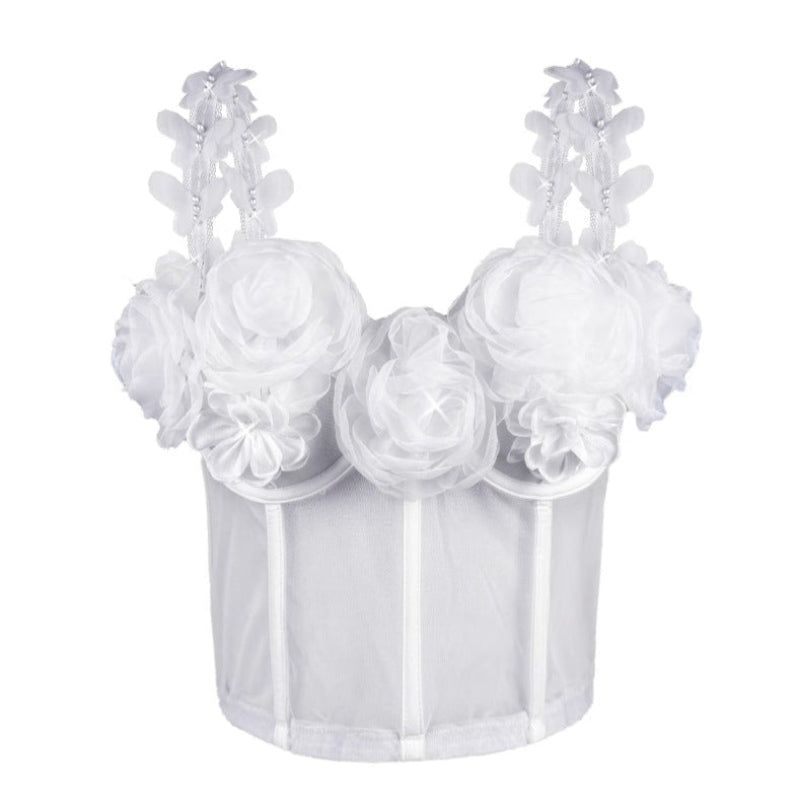 House Of Dasein French Style Charm Strapless Top Women's Outerwear Vintage 3D Pearl Flower Boned Bustier Blouse - White - 40C/90