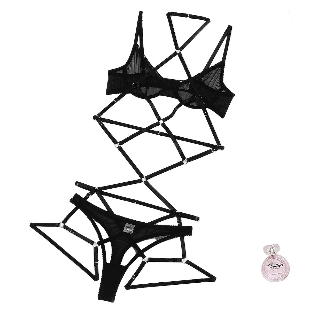 House Of Dasein Sexy Mesh See Through Hollow Out Strap Hanging Neck Three Piece Lingerie Set - Black - L