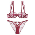 Style Lingerie Sexy Ultra Thin Pure Desire Embroidered Lace Bra Set For Large Breasts And Plus Size - Wine Red + Briefs - M