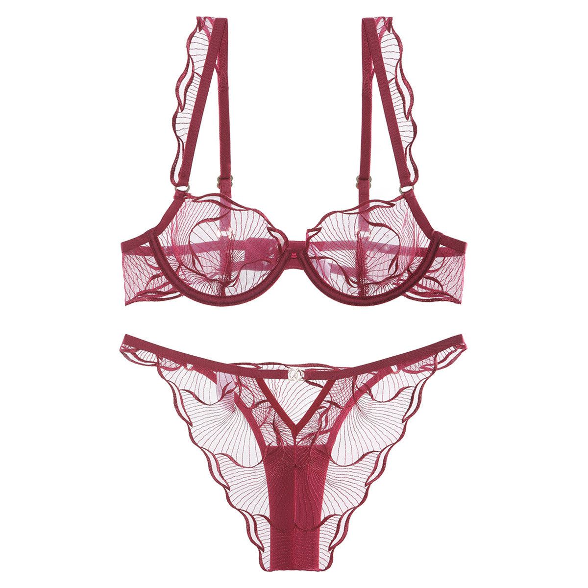 Style Lingerie Sexy Ultra Thin Pure Desire Embroidered Lace Bra Set For Large Breasts And Plus Size - Wine Red + Briefs - M