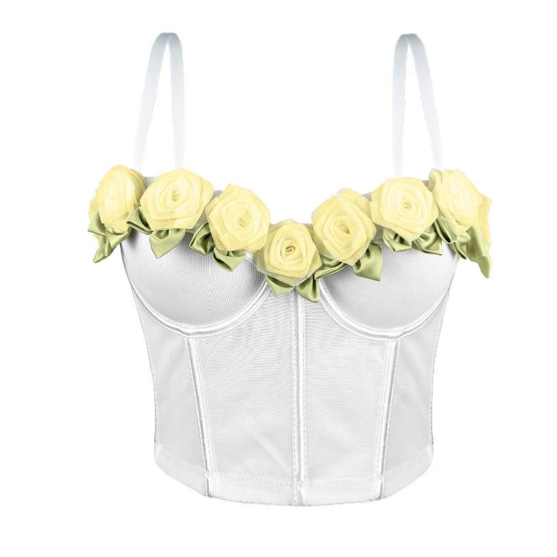 House Of Dasein Sexy French Style High-Grade Strapless Top Rose Mesh Gathered Fishbone Bustier For Women - White - 40C/90