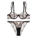 Style Lingerie Sexy Ultra Thin Pure Desire Embroidered Lace Bra Set For Large Breasts And Plus Size - Black + Briefs - M