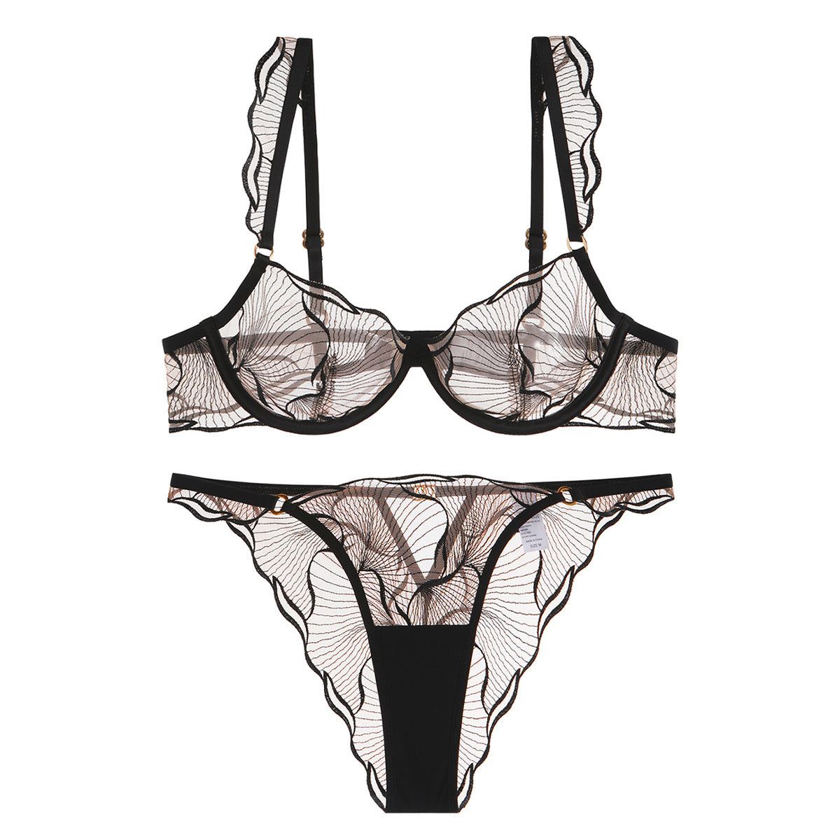 Style Lingerie Sexy Ultra Thin Pure Desire Embroidered Lace Bra Set For Large Breasts And Plus Size - Black + Briefs - M