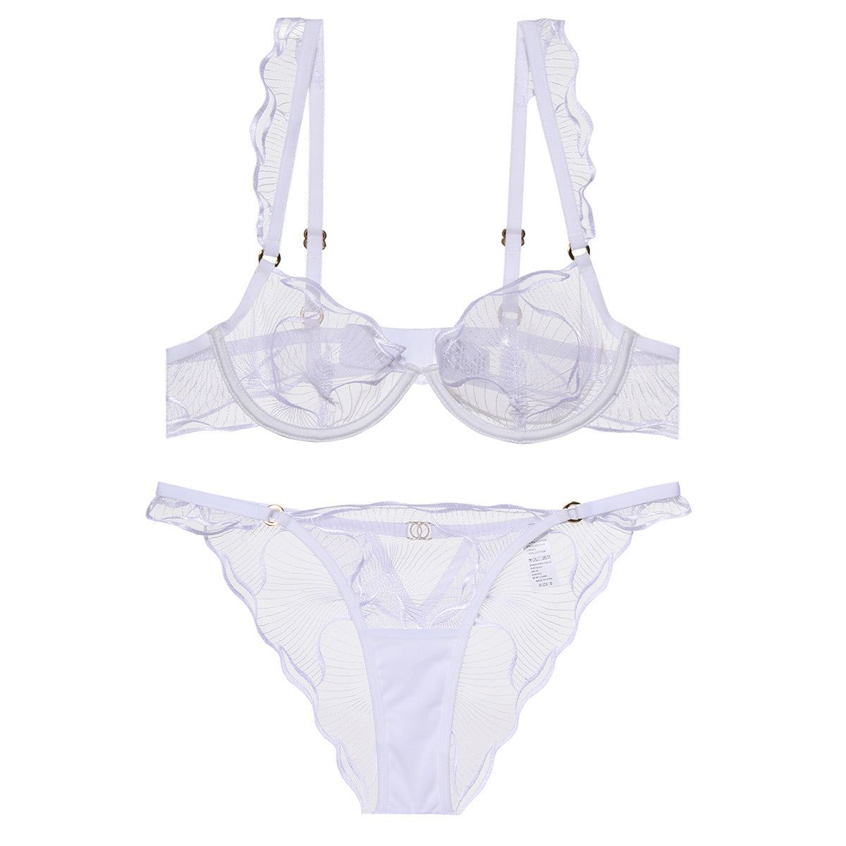 Style Lingerie Sexy Ultra Thin Pure Desire Embroidered Lace Bra Set For Large Breasts And Plus Size - White + Briefs - L