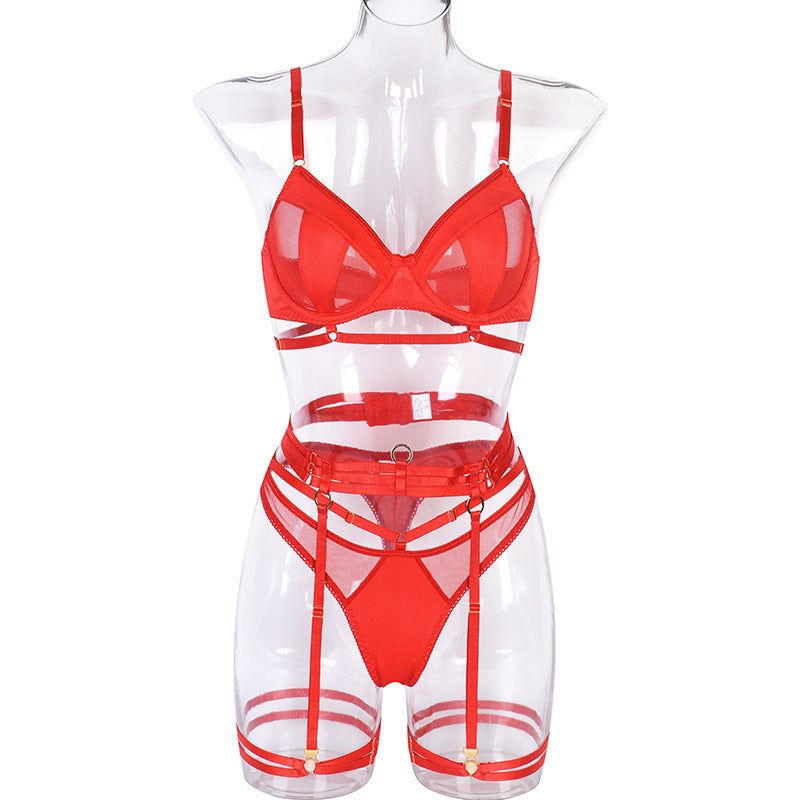 House Of Dasein Spring And Summer Fashion Lace Complex Craft Gathered Hollow Out Mesh Sexy Lingerie Four Piece Set For Women - Red - L