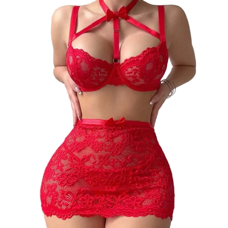 House Of Dasein Floral Lace Bow Halter Strapless With Net Stockings Lingerie Set - Red - L