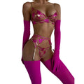 House Of Dasein Dnika Classic Complex Craft Lingerie Set Sexy Transparent Push Up Bra And Garter Belt - Rose Red - S