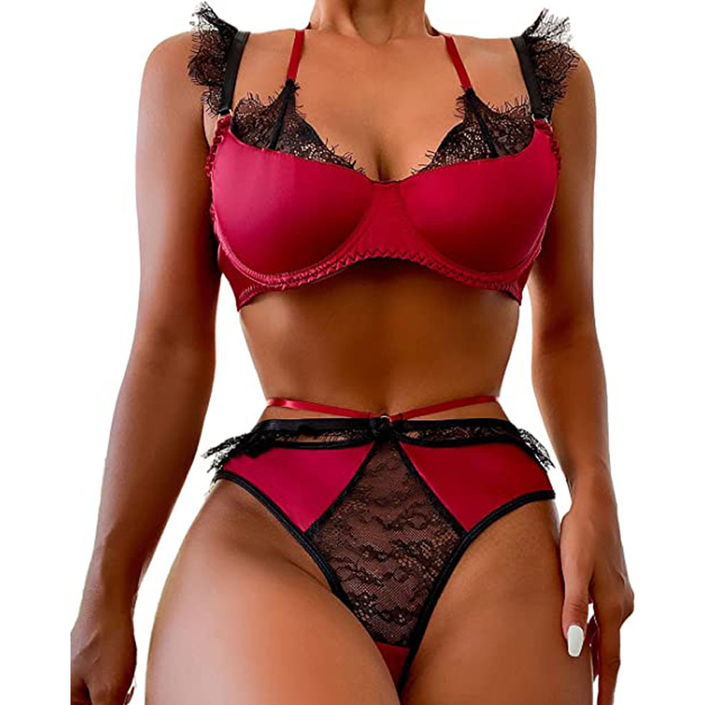 Lace Bra Set With Eyelash For Sexy Look - Red - L
