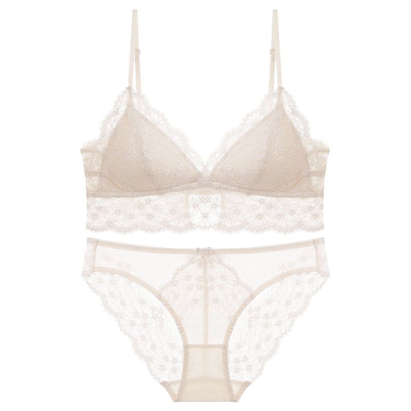Sexy Lace Bra Set For Women French Style Thin Strap Backless Triangle Cup Wireless - Skin Color Set - L