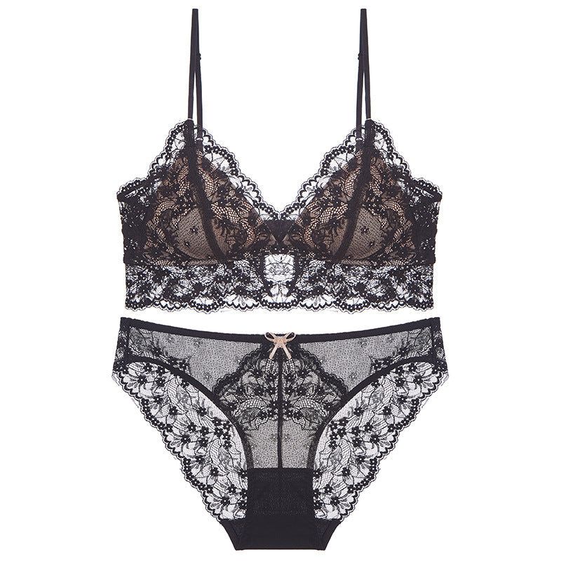 Sexy Lace Bra Set For Women French Style Thin Strap Backless Triangle Cup Wireless - Black Contrast Skin Set - S