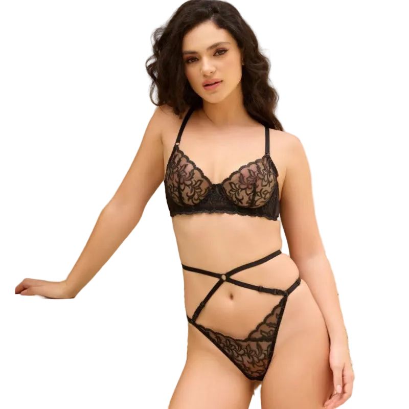 Sexy Underwear French Thin Transparent Embroidered Lace Bra Large Chest Minimizer Plus Size Erotic Lingerie Set - Pink - L