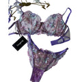 House Of Dasein Dnika Two Piece Mesh Embroidered Lingerie Set Purple Flower Gathered Bra Transparent Suit - M