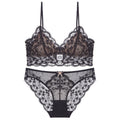 Sexy Lace Bra Set For Women French Style Thin Strap Backless Triangle Cup Wireless - Black Contrast Skin Set - M
