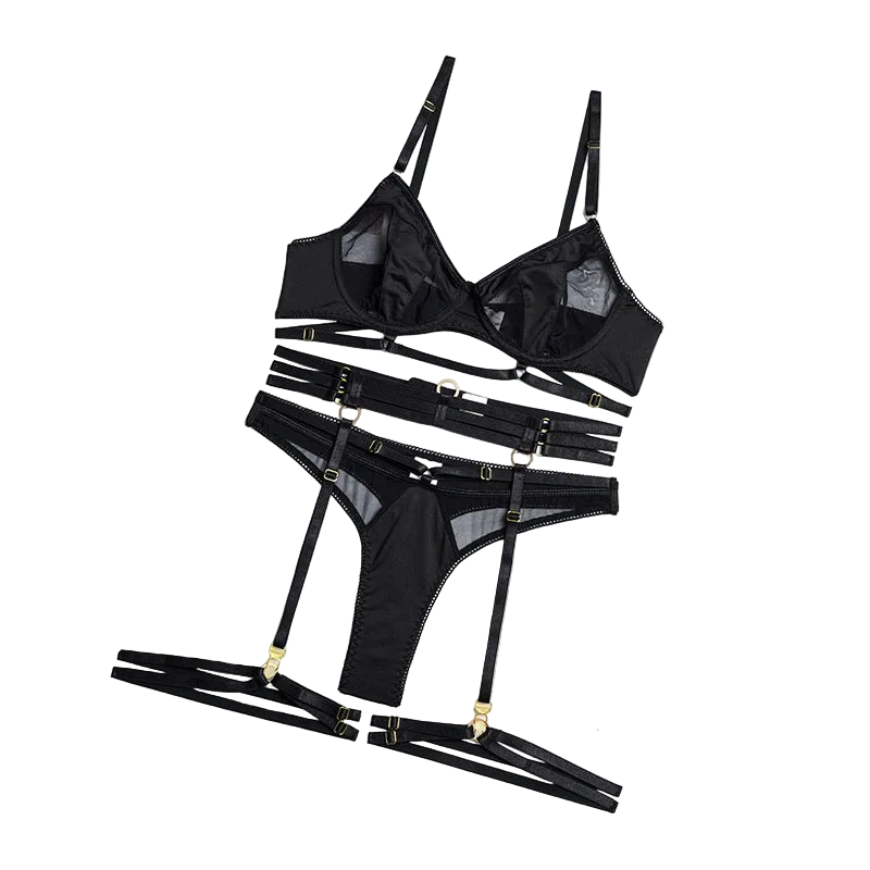House Of Dasein Spring And Summer Fashion Lace Complex Craft Gathered Hollow Out Mesh Sexy Lingerie Four Piece Set For Women - Black - S