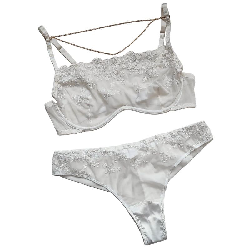 House Of Dasein Lace Thin Strapless Chain Detachable Sexy Lingerie Set Large Chest Minimizer Gathering And Lift - White - Xl