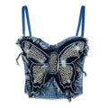 House Of Dasein Cross Border Butterfly Strapless Bra With Unique High End Feel Fitted Spliced Denim Boned Bustier Camisole - Blue - 36B/80