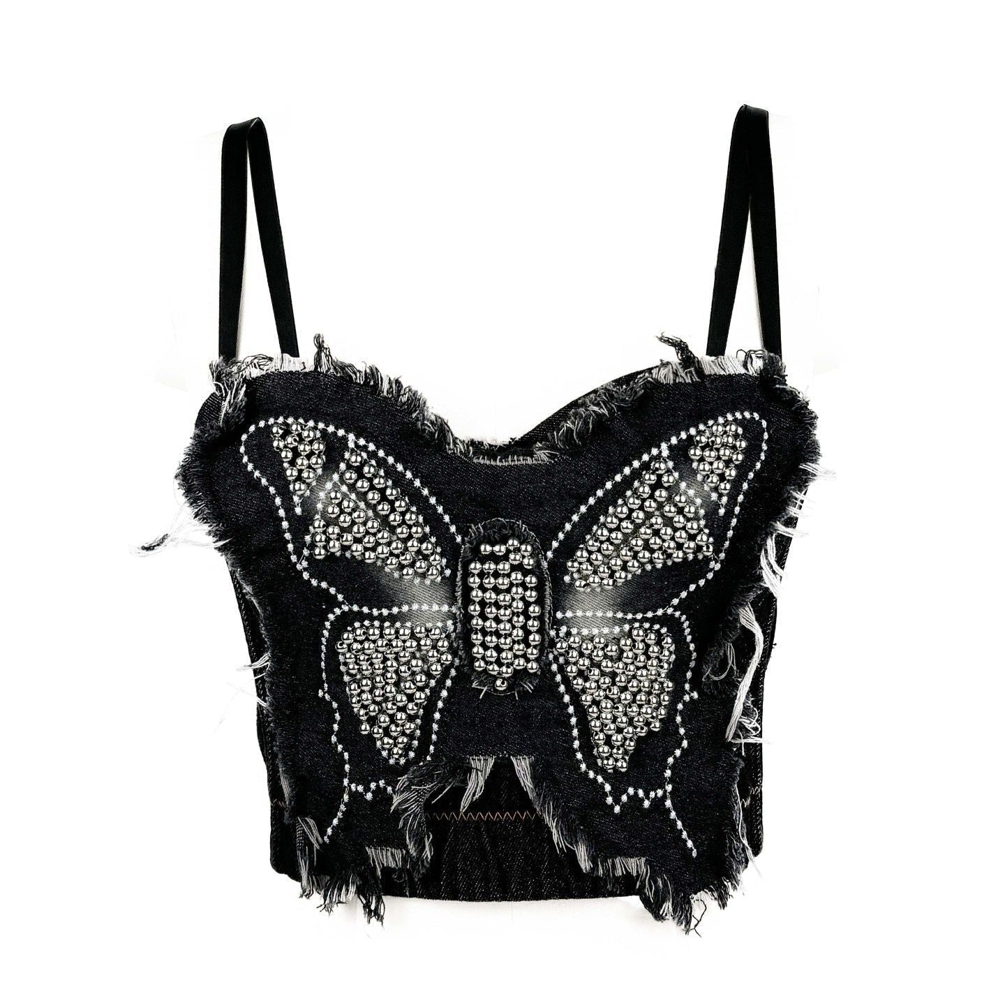House Of Dasein Cross Border Butterfly Strapless Bra With Unique High End Feel Fitted Spliced Denim Boned Bustier Camisole - Black - 38C/85