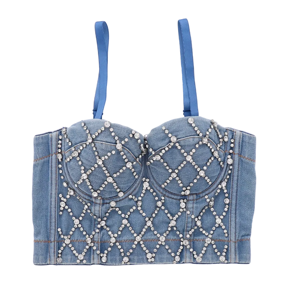 House Of Dasein Denim Tube Top With Built In Pads And Shaping Open Back Beaded Strapless Camisole For Women - Denim Blue - 42D/95