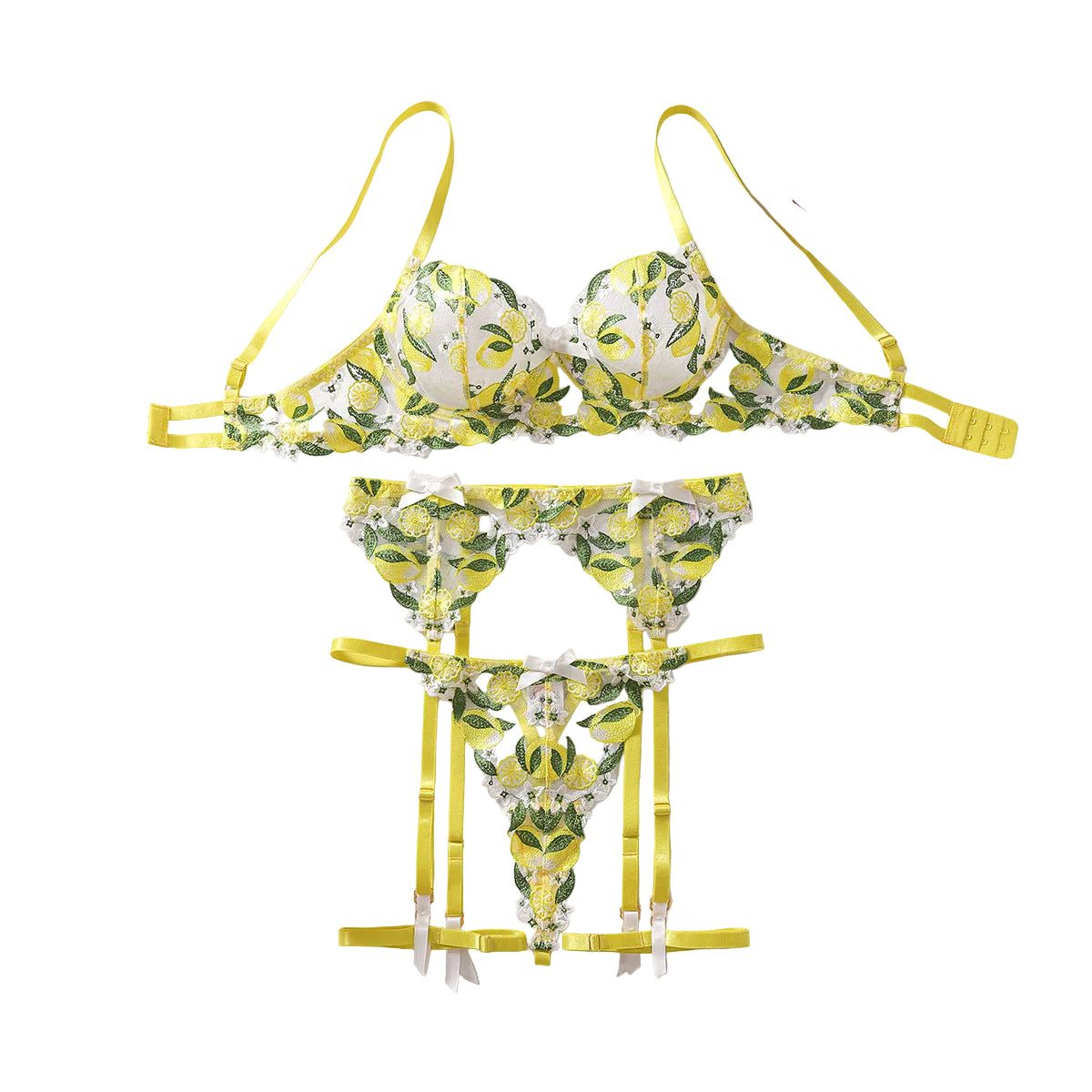 House Of Dasein Mesh Perspective Fashion Sexy Pure Desire Temptation Underwear Fun Four Piece Set - Lemon Yellow - M