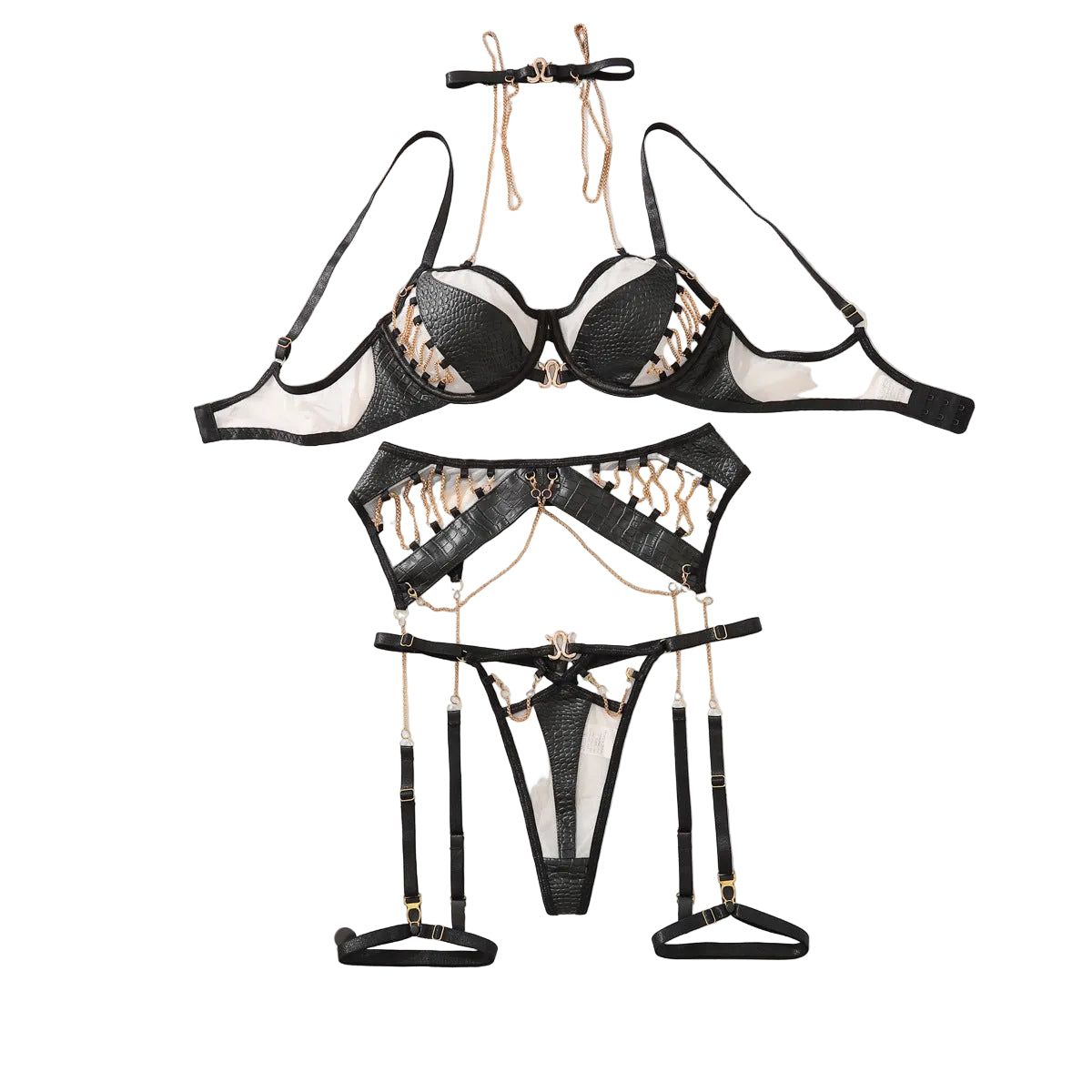 House Of Dasein Metal Chain Motorcycle Accessories Sexy Fashion Bra Splicing Complex Craftsmanship Fun Underwear Women's Wear - Black - M