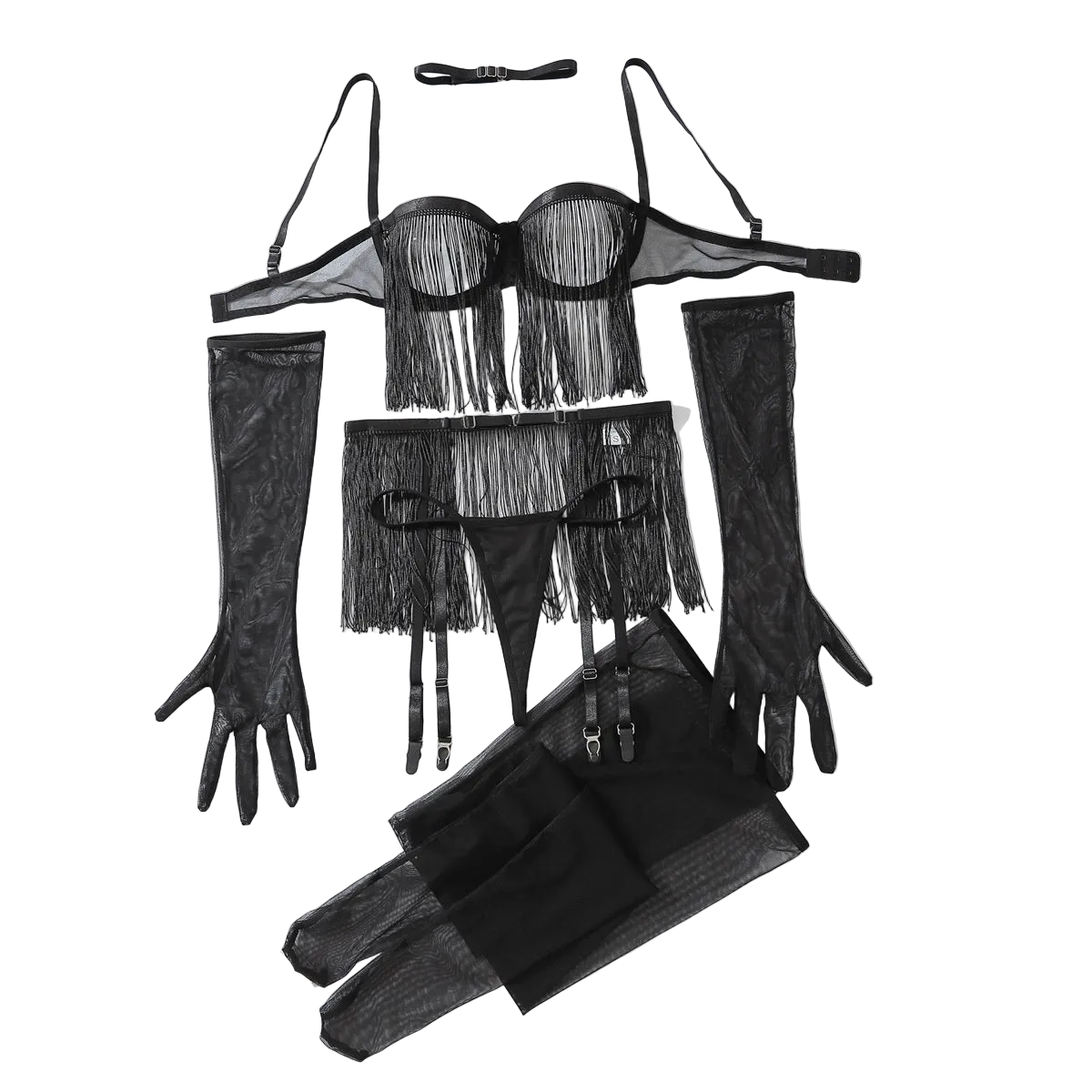 House Of Dasein Perspective Tassel Hollowed Out Lingerie Set No Take Off Seductive Six Piece - Black - L