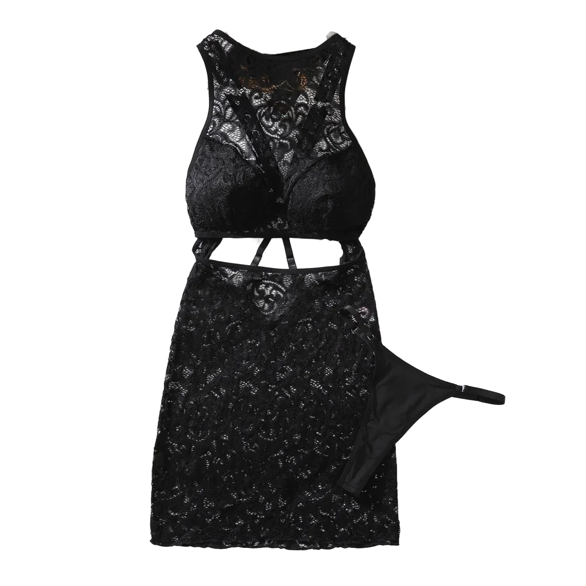 House Of Dasein Lace Two Piece Fashionable Hollow Out Backless See Through Suspender Dress - Black - M